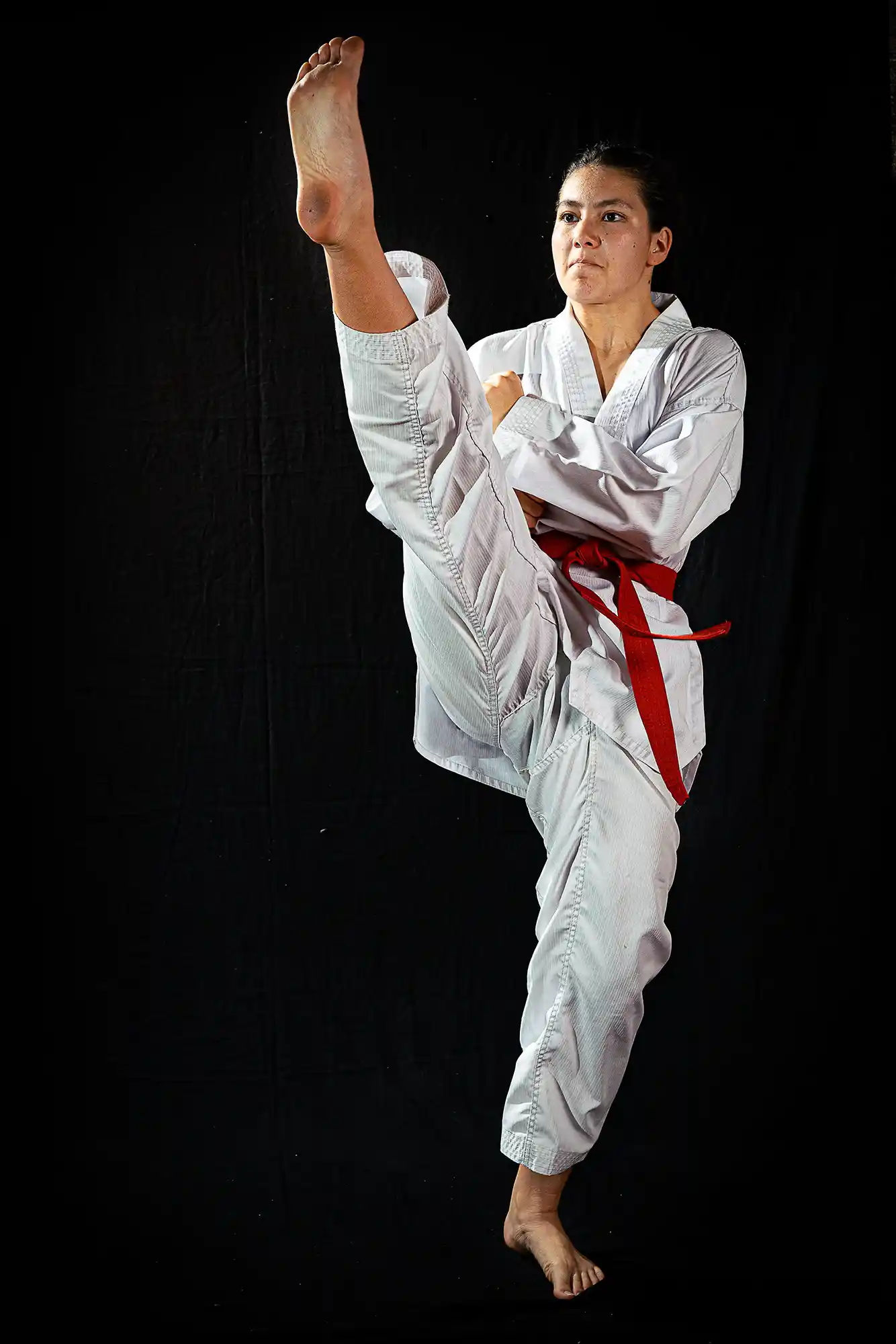 Portrait studio taekwondo ceinture rouge axe kick — Lawrence Banahan